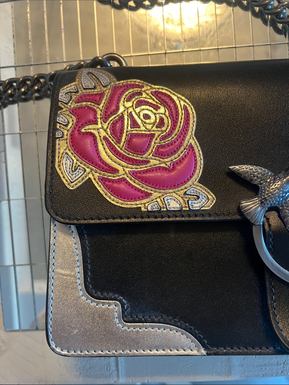 Pinko black Leather Crossbody Bag with Pink Rose Embroidery. Silver and Gold - Picture 3 of 5